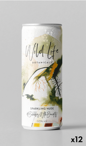 Wild Life Botanicals ultra low alcohol sparkling wine in a can, nude and blush, mood-boosting botanicals, vitamins and minerals. Non-alcoholic sparkling wine in a can.