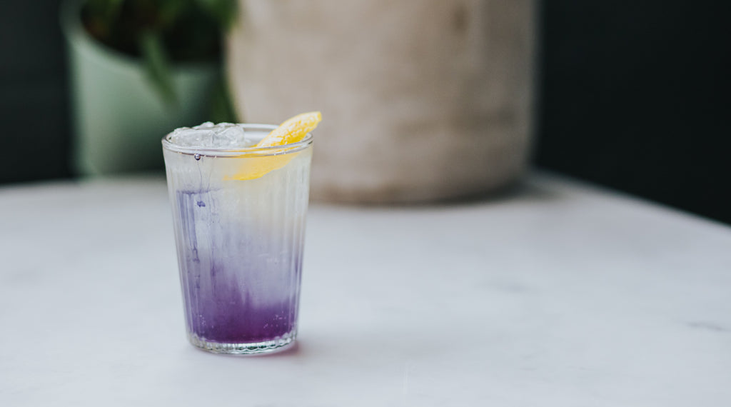 Blue Funday non-alcoholic cocktail, using Wild Life Botanicals nude sparkling wine 