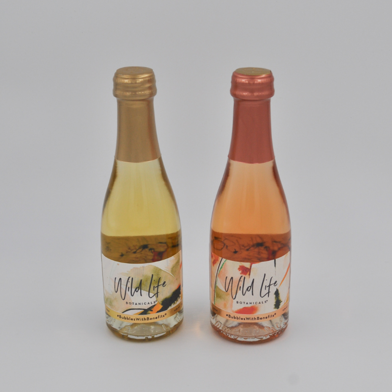 Wild Life Botanicals Nude and Blush low alcohol sparking wine. Mini prosecco bottles. Ultra-low alcohol, low calorie and low carb sparkling wine. Healthy wine alternative. Perfect gift for weddings and baby showers.