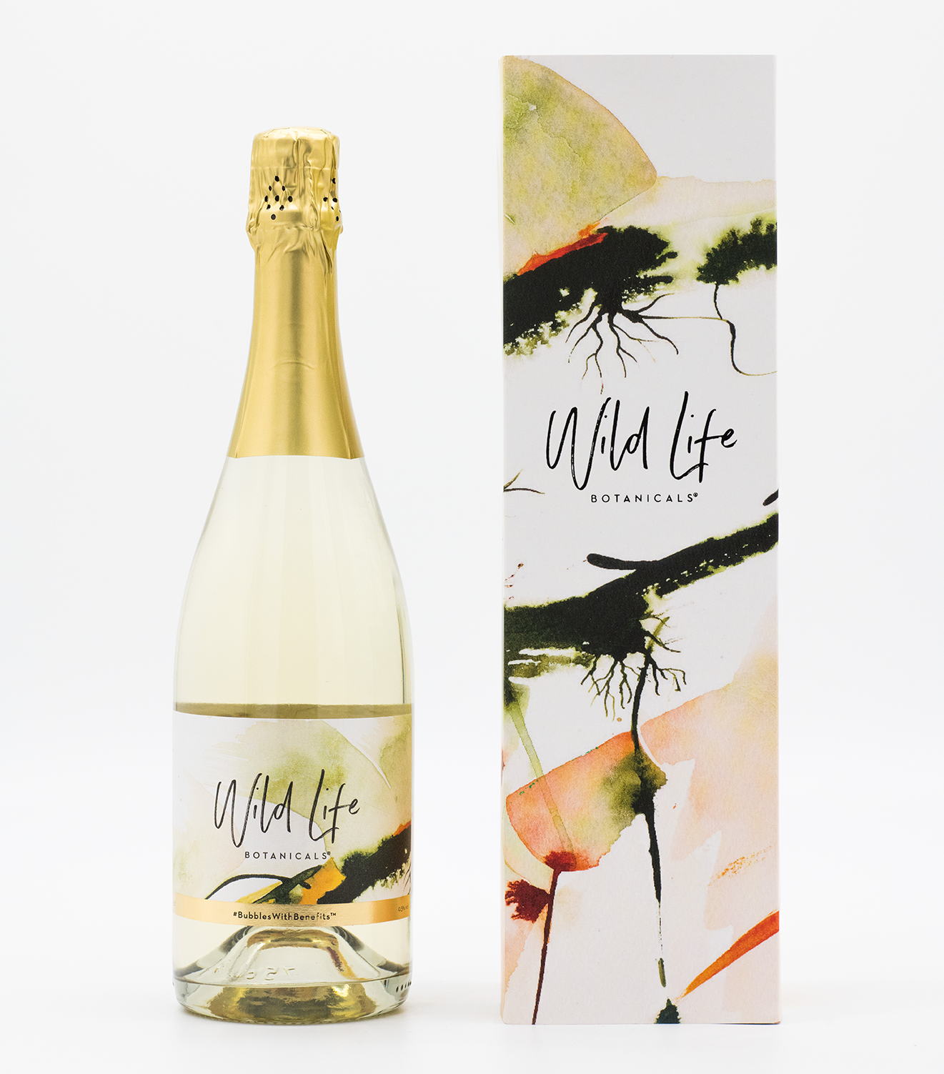 Wild Life Botanicals Nude open bottle on table with full glass of fizz. Ultra-low alcohol, low calorie and low carb sparkling wine. Healthy wine alternative. Bespoke Wild Life gift box incorporating original piece of artwork by Cornish artist.