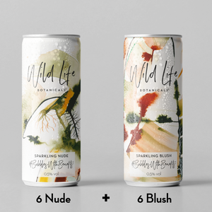 Wild Life Botanicals ultra low alcohol sparkling wine in a can, nude and blush, mood-boosting botanicals, vitamins and minerals. Non-alcoholic sparkling wine in a can.