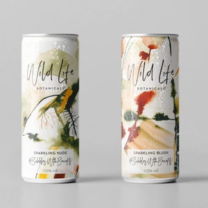 Wild Life Botanicals ultra low alcohol sparkling wine in a can, nude and blush, mood-boosting botanicals, vitamins and minerals. Non-alcoholic sparkling wine in a can.